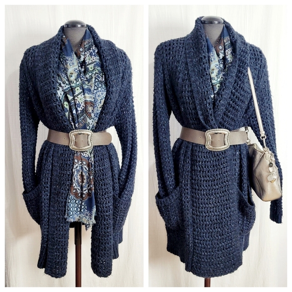 Women's Navy Open Knit Cardigan - Picture 7 of 10